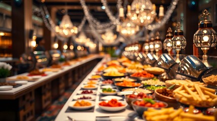 Elegant Buffet Food Display Warm Lighting Restaurant Setting