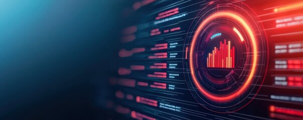 Display interface format concept. Digital data visualization with glowing graphs and futuristic elements on a tech-inspired background.