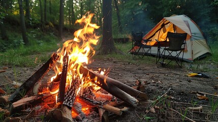 Campfire in the Forest Under a Tent