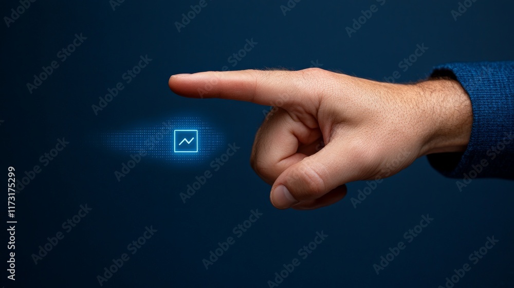 Poster interactive blue interface: a hand points towards a glowing blue icon, symbolizing digital interacti