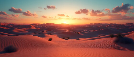 Desert sunset landscape with dunes and sky.