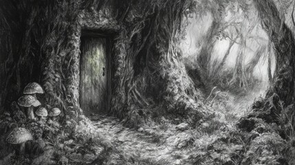 Fototapeta premium an image of the entrance to a forest with mushrooms and a door leading to a, magic doorway, magical portal gateway