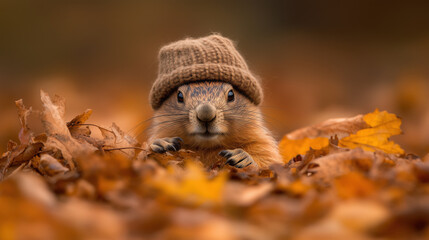 groundhog wearing knitted hat among autumn leaves, looking curious in the groundhog day