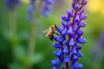A honey bee visits blue-purple Midnight salvia in full bloom, pollinators, entomology