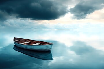 Naklejka premium Tranquil Wooden Rowboat on a Calm Lake Under Dramatic Sky