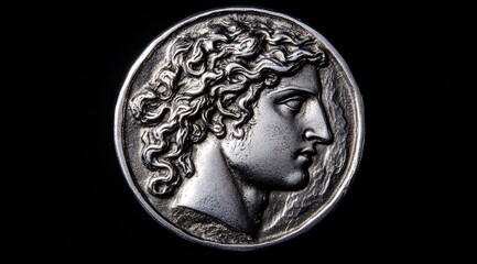 A silver coin of ancient Greece with the profile portrait on one side and an illustration representing Ganymede on the other, the face is in frontal view and looking directly at the camera