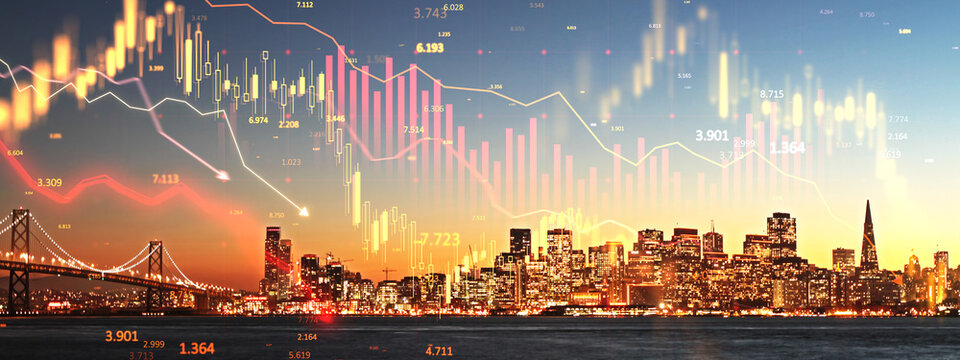 Financial chart overlay on San Francisco skyline at sunset, depicting market downturn trends and economic recession data concept.