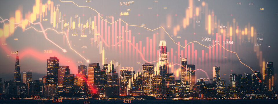 Double exposure of San Francisco skyline and financial stock market chart with red downward trend, glowing data points, and buildings.