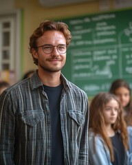 Smiling male teacher stands in classroom with students.