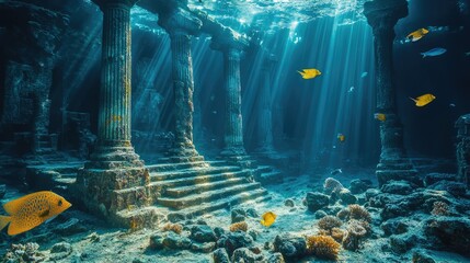 an underwater temple in the middle of the ocean with fish swimming in front of it