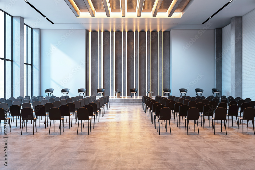 Poster modern spacious conference hall interior with rows of chairs and stage, featuring stylish design and