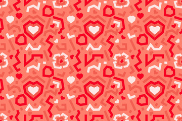 Geometric abstract pattern in the form of hearts and roses. Seamless vector pattern of red and pink hearts, stripes. Background for packaging, textiles, banners and party invitations. valentine s day