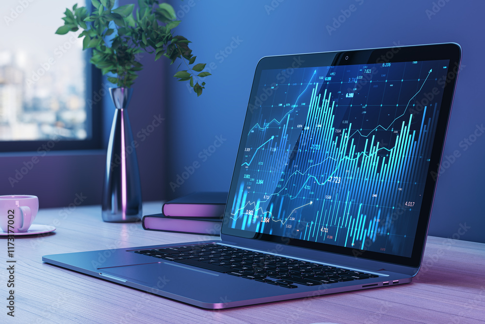 Aufkleber Laptop displaying financial graphs on a desk in a modern office environment. 3D Rendering