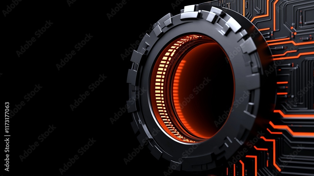 Poster cybernetic portal: glowing orange energy pulses within a sleek, dark metallic ring, set against a ba