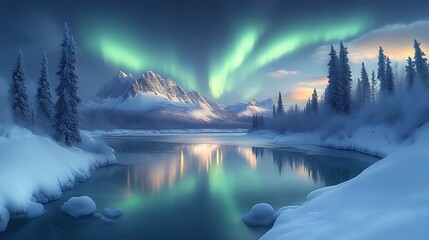 Serene winter landscape with aurora borealis reflected in calm lake.