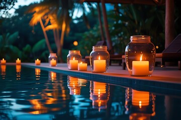 pool area was transformed into a magical oasis, with flickering candles casting a warm glow and creating a serene and intimate atmosphere sun dipped below horizon on a warm summer evening,