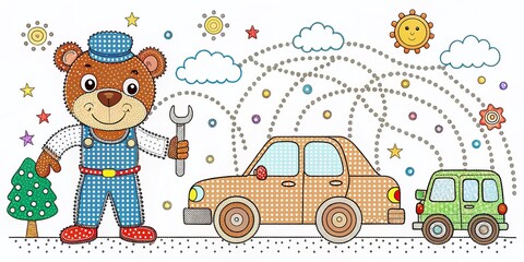 Cute Car & Bear Mechanic Dot-to-Dot Coloring Page for Kids - Fun Educational Activity