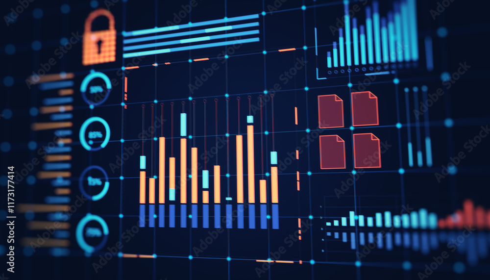 Poster Financial data interface showing graphs, analysis, and statistics in glowing neon on a dark background. 3D Rendering