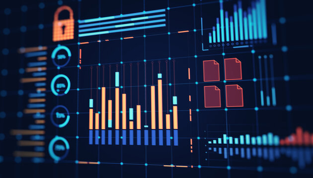 Financial data interface showing graphs, analysis, and statistics in glowing neon on a dark background. 3D Rendering