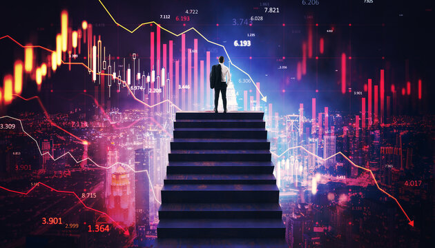 Businessman standing on stairs, analyzing descending stock market trends in a digital cityscape background, symbolizing financial crisis.