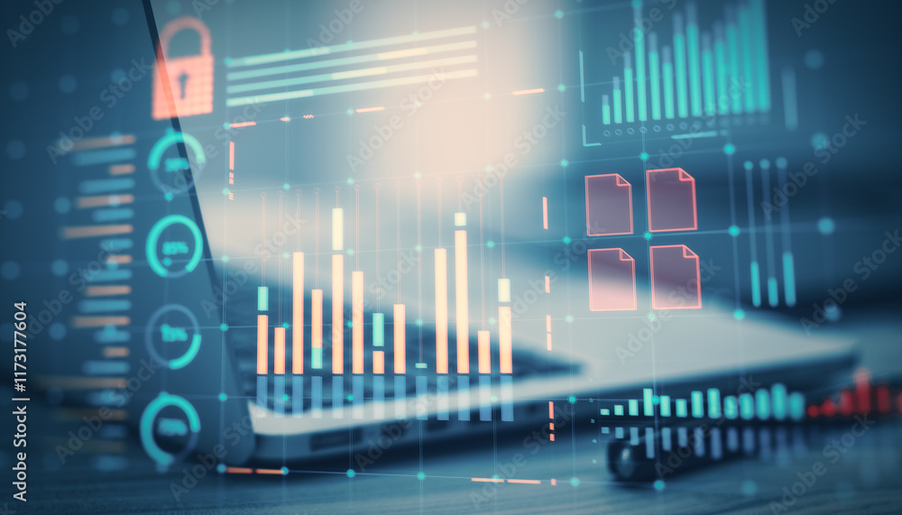 Poster Abstract financial data overlay with graphs, charts, and files displayed on a laptop screen in a fintech concept background.