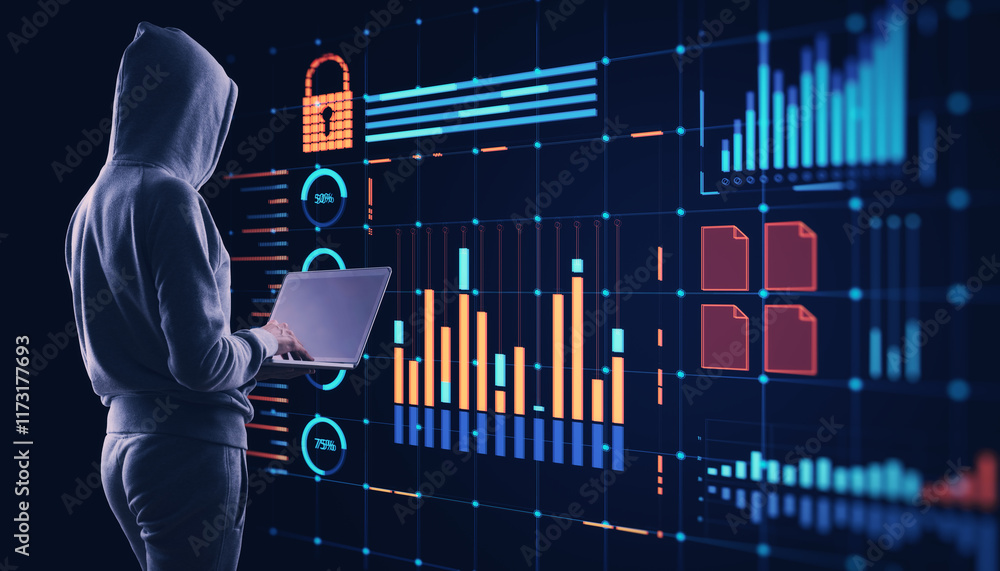 Poster Hacker analyzing digital data with graphs and charts on futuristic interface in dark background. Concept of cybersecurity and data breach.