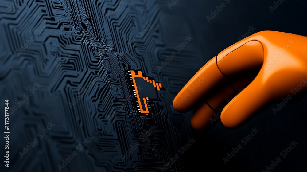 Poster orange robotic hand interacting with circuit board: a close-up image of a robotic hand, rendered in 