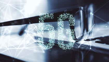 5G holographic sign and digital connections over blurred background with glasses, showcasing future technology and innovation concept.