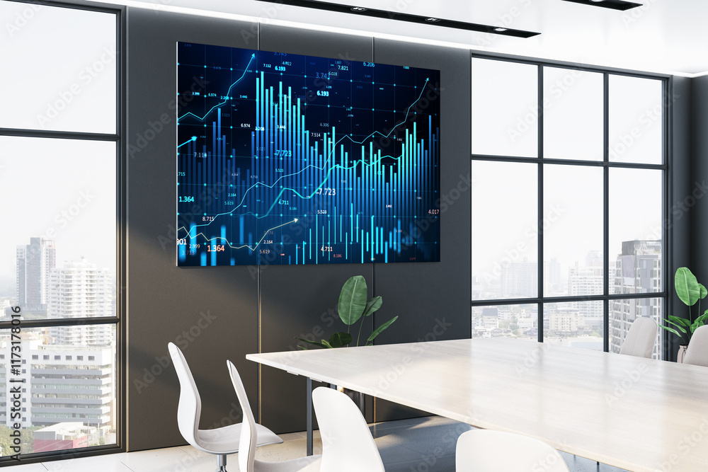 Poster Modern meeting room with forex and trade data displayed on a digital screen. 3D Rendering
