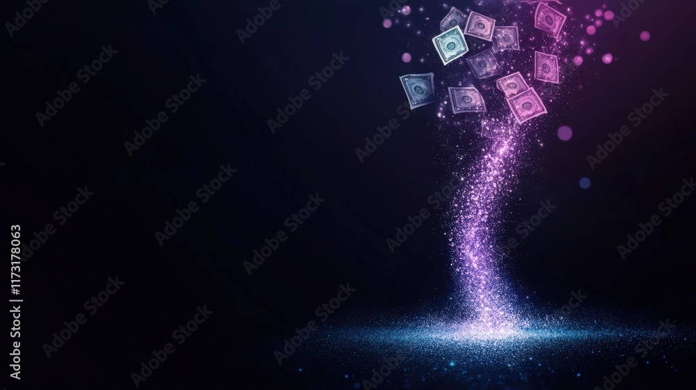 Aufkleber a vibrant, digital tree made of sparkling particles and floating currency notes, symbolizing growth 