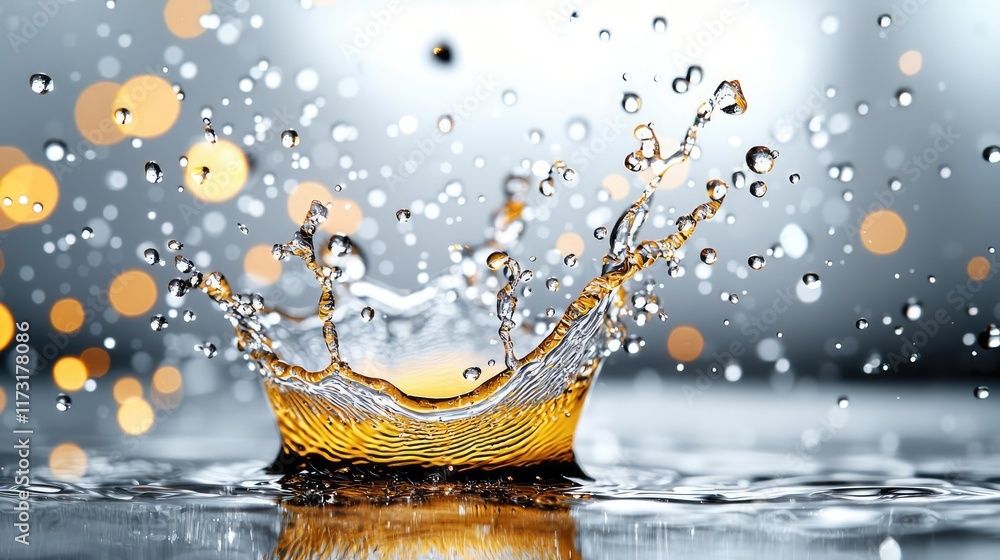 Poster splash abstract background idea. a vibrant splash of liquid with droplets shimmering in soft light, 
