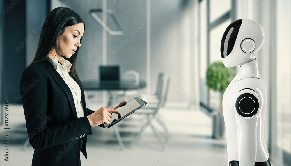 Poster businesswoman interacting with a robot using a tablet in a modern office setting.