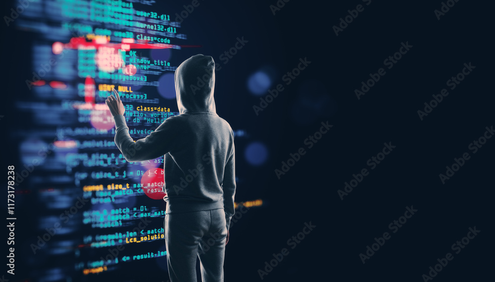 Poster person in hoodie interacting with virtual code on a dark background.