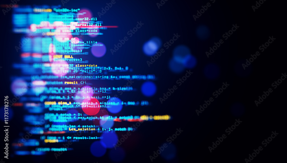 Fototapete Abstract coding background with colorful programming code on dark blue backdrop. 3D Rendering