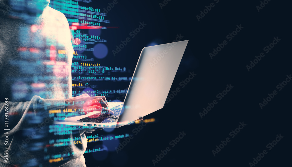 Poster Person using a laptop with programming code overlay on a dark background.