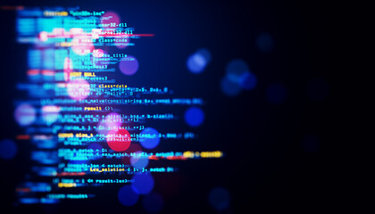 Abstract coding background with colorful programming code on dark blue backdrop. 3D Rendering