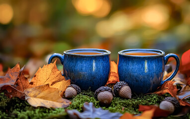 Two blue coffee mugs emitting steam, as well as autumn leaves placed outdoors. For holiday greeting cards. Concept: Lifestyle, Autumn, the atmosphere of a cozy autumn day.