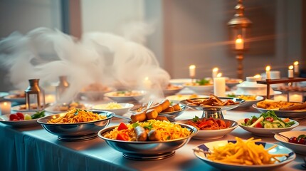 Fototapeta premium Delicious Buffet Dinner Warm Dishes Golden Lighting Elegant Setting