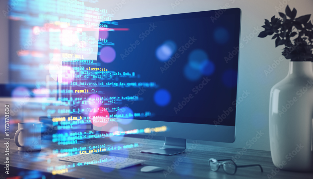 Leinwandbilder Double exposure of computer screen with programming code on a desk background.