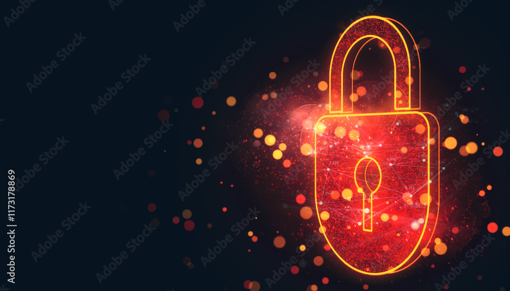 Poster Neon orange glowing padlock icon with abstract digital particles on dark background, symbolizing cybersecurity and data protection. 3D Rendering
