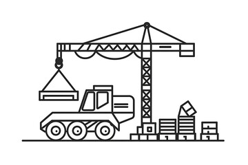 Outline of a construction crane lifting materials on a white background