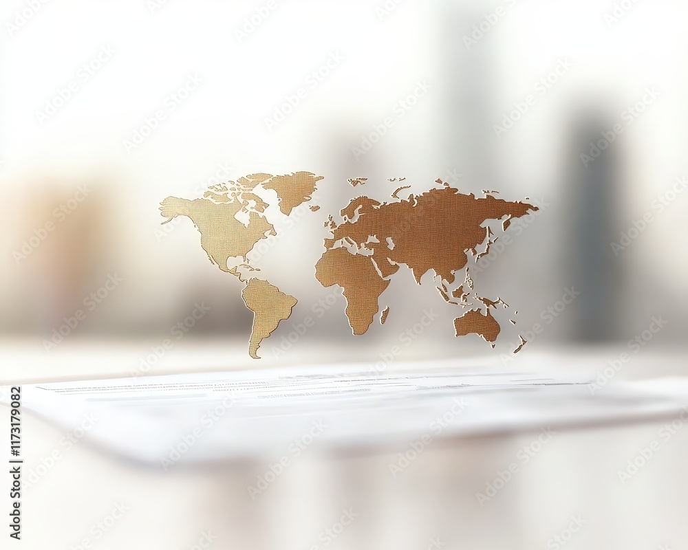 Poster a 3d world map design appears above a document, symbolizing global connectivity and exploration.