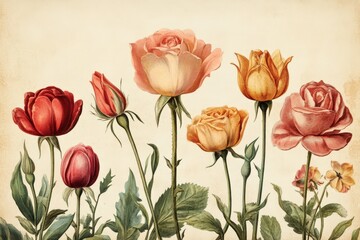 Obraz premium Botanical Illustration Featuring Several Roses in Various Colors