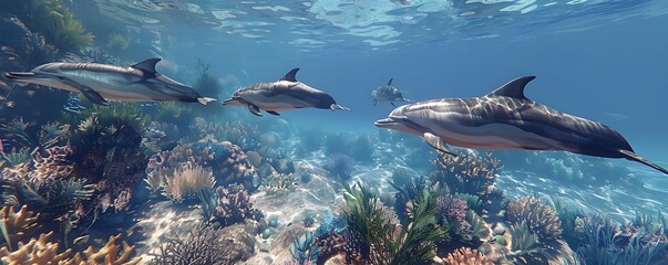 Obraz premium Dolphins swimming in vibrant coral reef. (1)