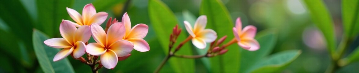 Fototapeta premium Delicate pink frangipani flowers in a lush green garden, floral arrangement, botany