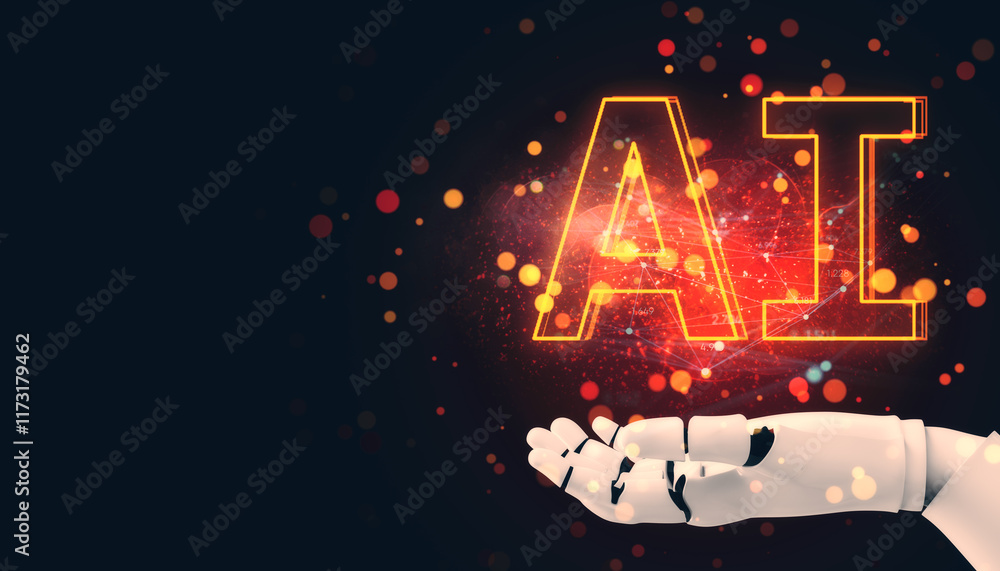 Poster Futuristic robotic hand holding glowing 