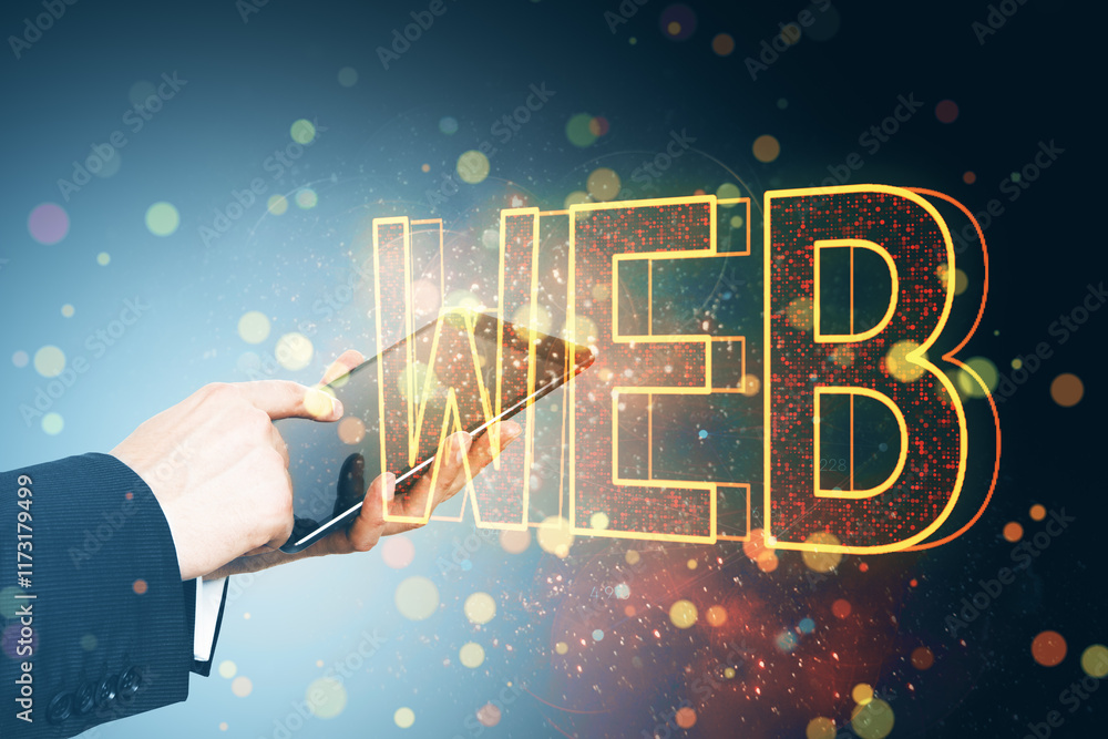 Aufkleber Businessman using a tablet with glowing web text on colorful bokeh background.