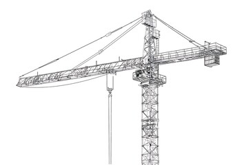 Outline of a tower crane with counterweights on a white background