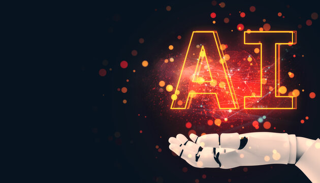 Futuristic robotic hand holding glowing "AI" text with digital particles on dark background. 3D Rendering