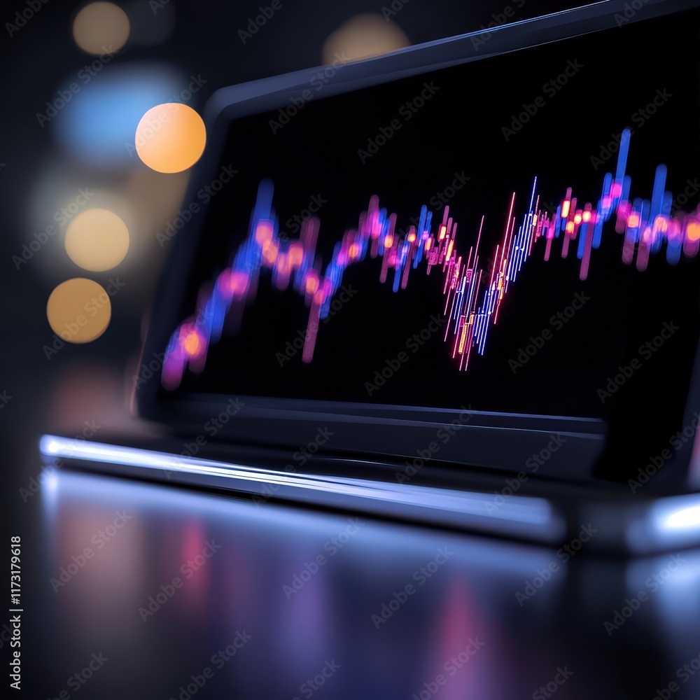 Poster a vibrant audio waveform displayed on a screen, illuminated with colorful lights against a blurred b